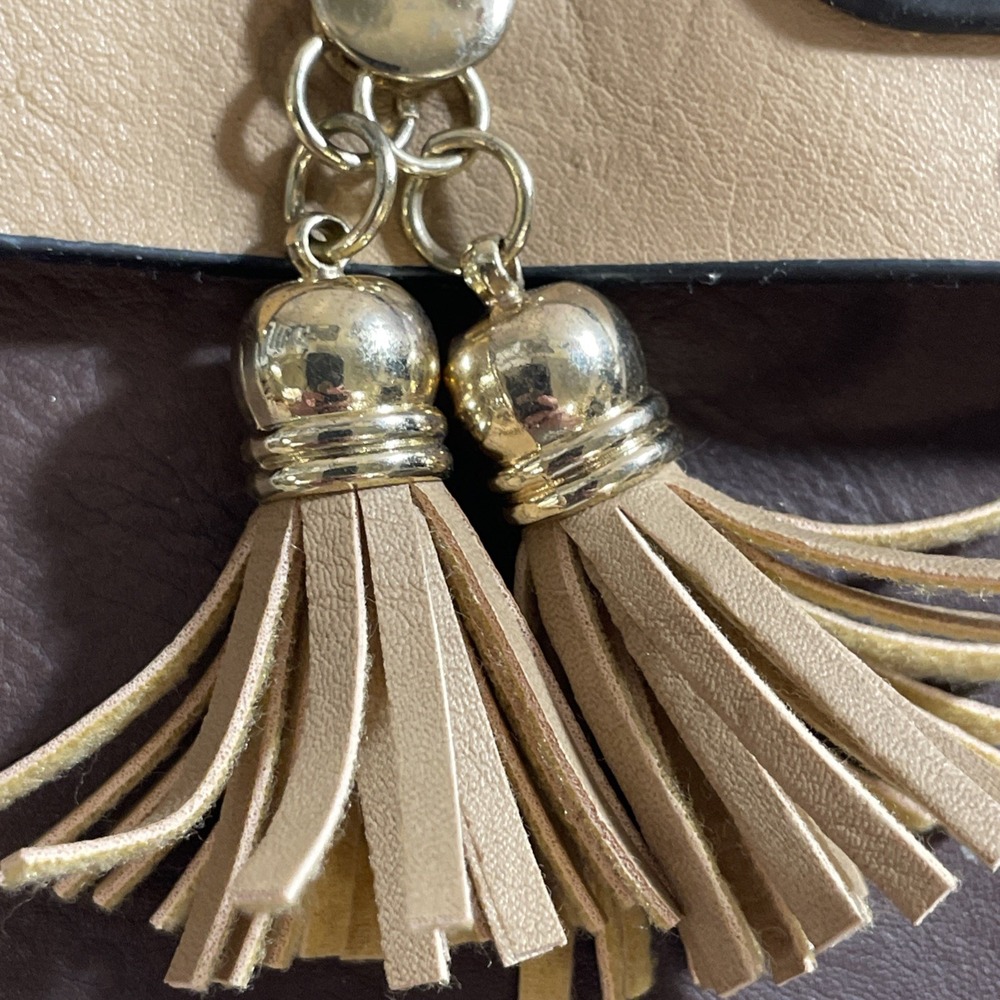 Urban Energy Small Brown Tan Leather Venue Crossbody Bag Tassels Studded 7x5x2 - Picture 7 of 8